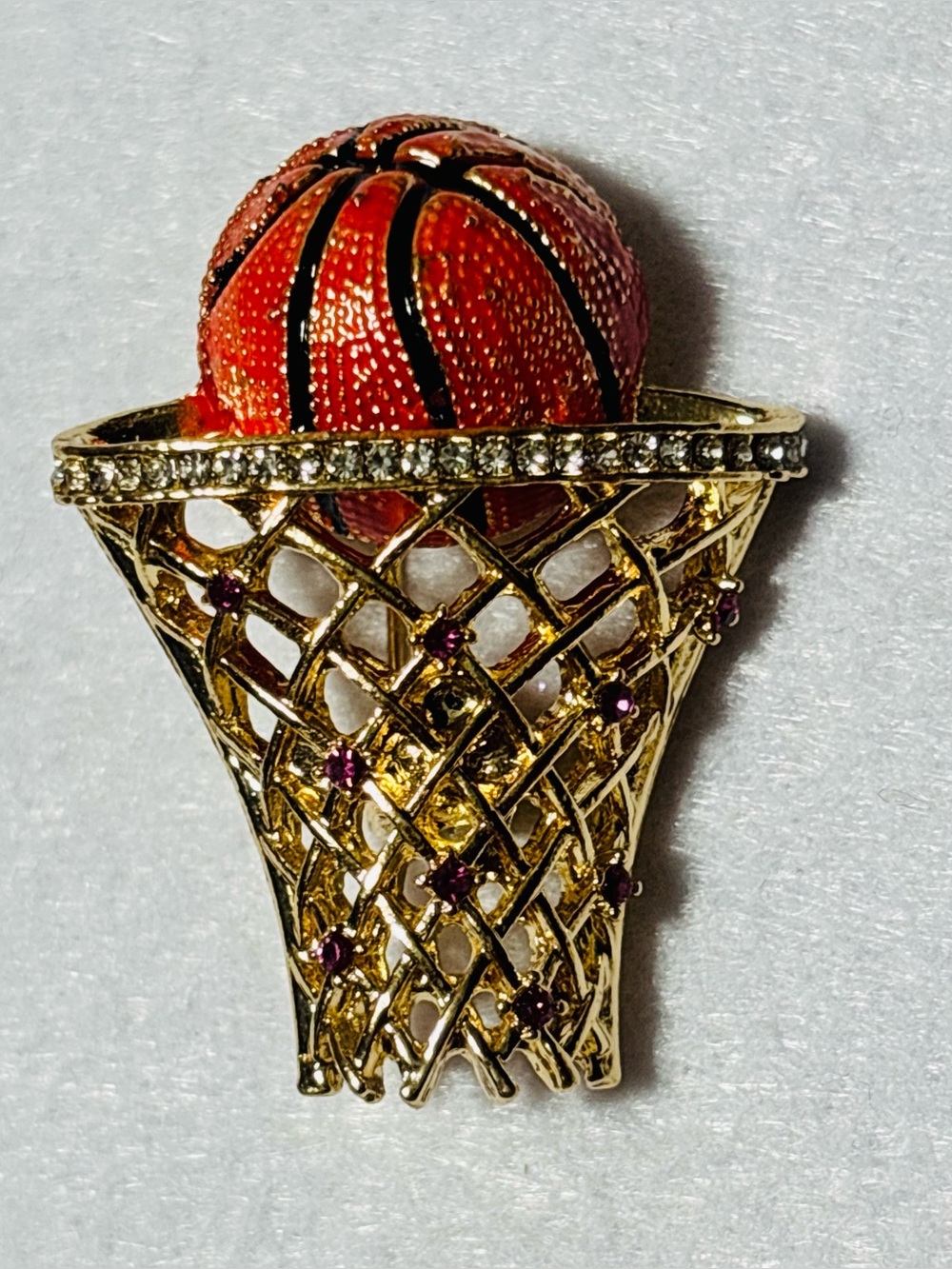 Basketball Hoop & Ball Brooch Gold Tone Rhinestone Sports Pin